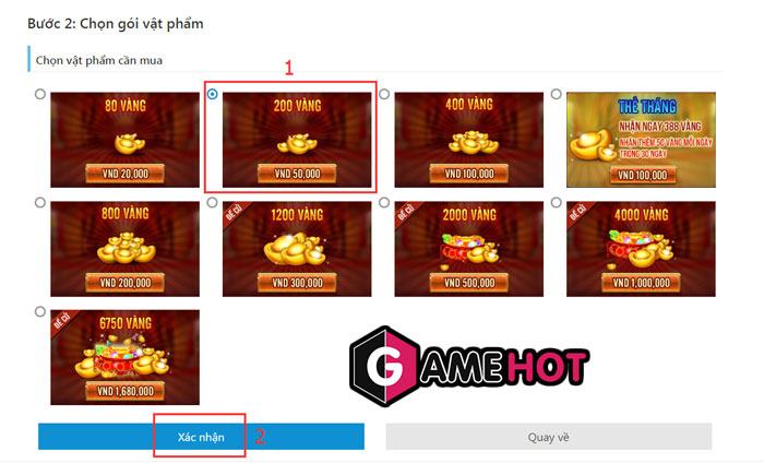 Chọn gói vật phẩm cần nạp trong game