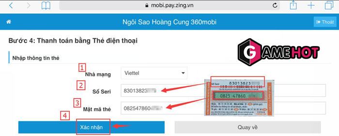 nạp thẻ viettel ngôi sao hoàng cung