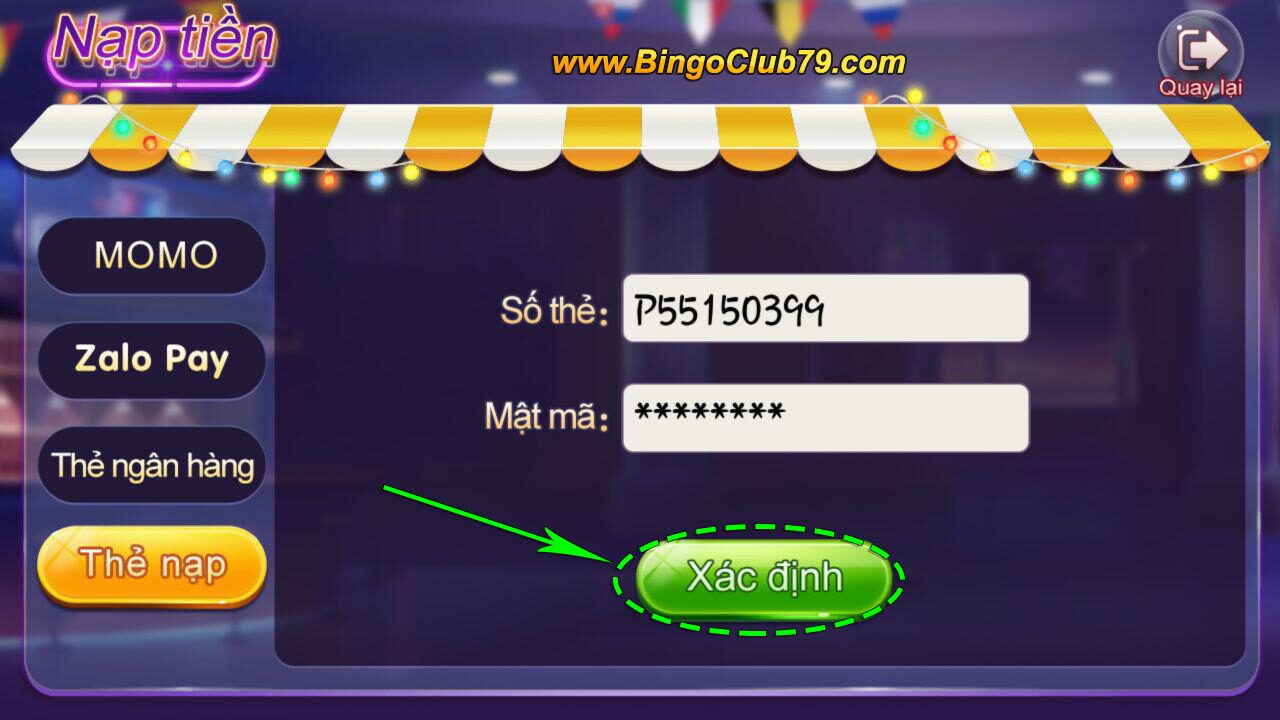 Nạp tiền đơn giản tại Bingo club